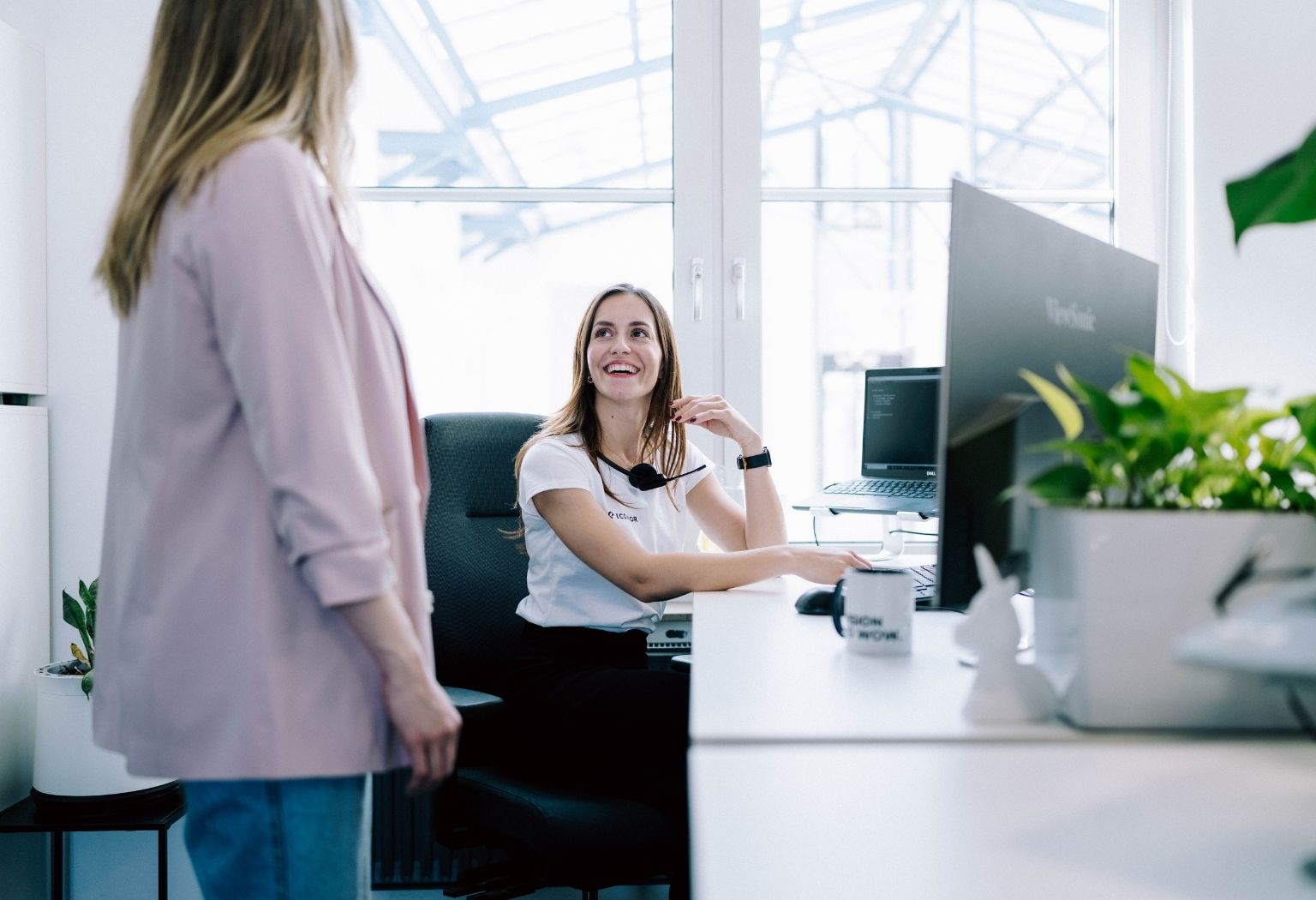 Zwei Frauen sitzen an einem Schreibtisch in einem Büro der Internetagentur.